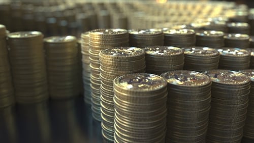 Bitcoin Symbol Made of Many Coin Stacks
