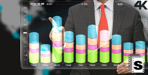 Man Presents Colorful Data on Futuristic Screen