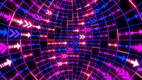 Neon Glowing Arrows Moving Through Grid Tunnel Loop