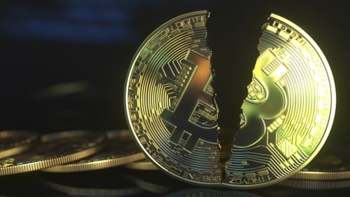 Broken Bitcoin Cryptocurrency Coin Falls Apart Animation