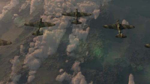 Military Aircraft Squadron Flying in Formation Above Clouds