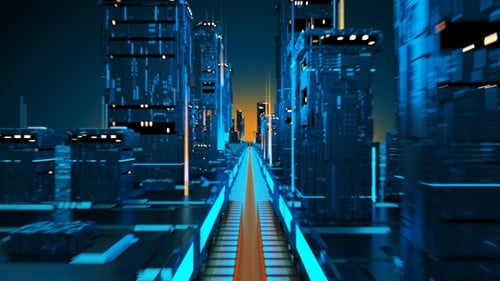 Technology City of the Future Virtual Metropolis Aerial Flight in Cyber Space