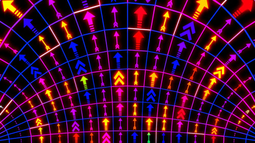 Vibrant Neon Arrows Ascending on Digital Grid Loop Background