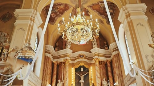 Altar in the Center of a Beautiful Temple. The Crucifixion. Architecture Inside the Temple