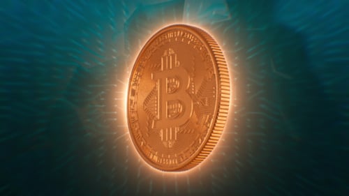 Rotating Glowing Bitcoin Coin on Digital Circuit Background