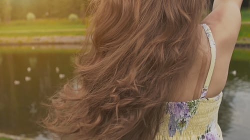A Girl with Beautiful Long Hair in a Summer Dress By the Pond at Sunset. Back View. Hair . The Girl