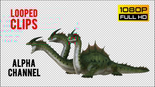 Green Three-Headed Dragon Creature 3D Looped Animation