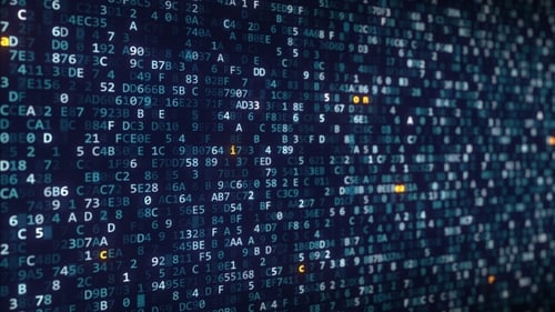 Feathercoin Captions Appearing Among Changing Hexadecimal Symbols on a Computer Screen