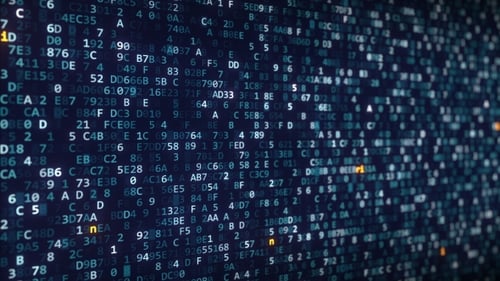 Légendes Gridcoin apparaissant parmi les symboles hexadécimaux changeants sur un écran d'ordinateur