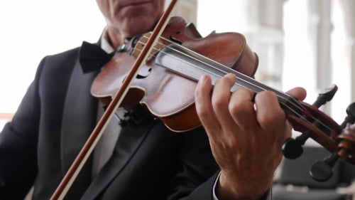 Unrecognizable Violinist in Costume, Male Hands Plays on a Wooden Fiddle