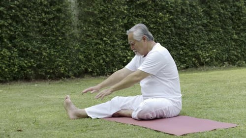 Asian Elderly woman pilates exercise in garden.