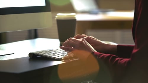 Eine junge Frau arbeitet an einem Schreibtisch mit einer Computertastatur