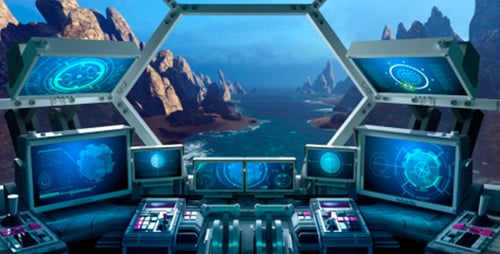 Animated Sci-Fi Spaceship Cockpit Interface with HUD Displays