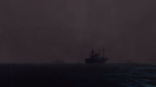 Ships on the Ocean Stormy Sea at Night with Rain