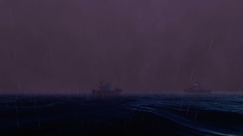 Ships on the Ocean Stormy Sea at Night with Rain