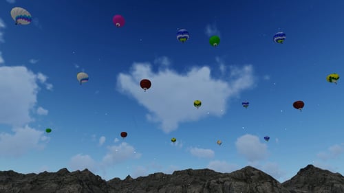 Hot Air Balloons Flying in Blue Sky with Mountains Animation