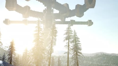 UFO Hovering Over a Forest at Sunset with Light Beam