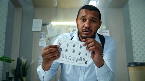 Detective Examines Fingerprints at His Office Desk