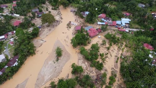 Aerial view flood disaster break the bridge