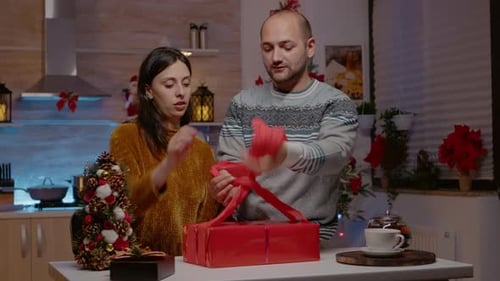 Young Couple Tying Bow on Christmas Gift