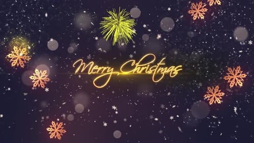 Glowing Merry Christmas Text with Snowflakes and Fireworks Animation