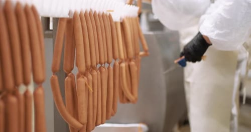 Sausage Production Line Worker Adjusting Meats