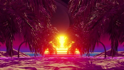 Neon Retro Synthwave Palm Trees Sunset Loop Background