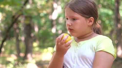 Kleines Mädchen Portrait Essen Apple Outdoor Apple an einem Sommertag