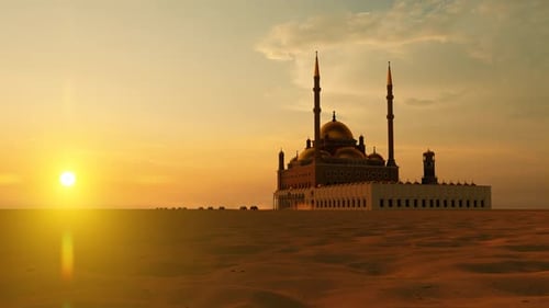 Grande mosquée et convoi passant au coucher du soleil dans le désert