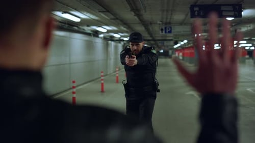 Police Officer Aims Gun at Subject in Garage