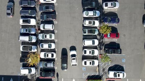 Aerial Top View of Parking Lot with with Varieties of Colored Vehicles