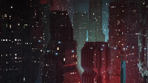 Futuristische, dystopische Science-Fiction-Stadt bei Nacht, die Schuss - Tilt Down