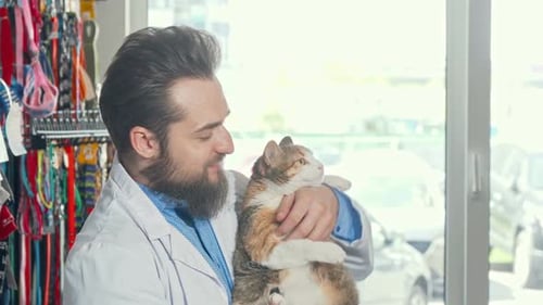 Smiling Veterinarian Holding a Cat in Office