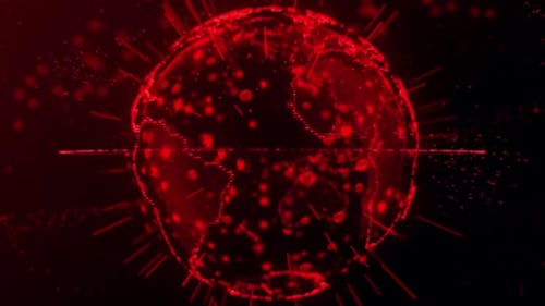 Red Digital Earth Globe with Virus and Biohazard Symbols