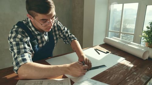 Architect Drawing Blueprints with Ruler Indoors