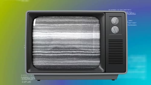 Old TV with cityscape on the screen against becolorful background