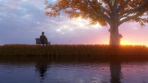 Autumn Sunset Landscape with Person Sitting by a River
