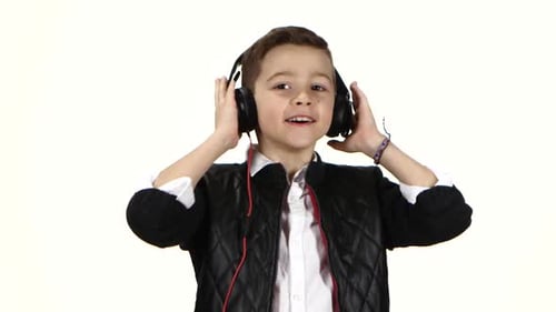 Boy Dj Wears Headphones on Head. White Background, Close Ups