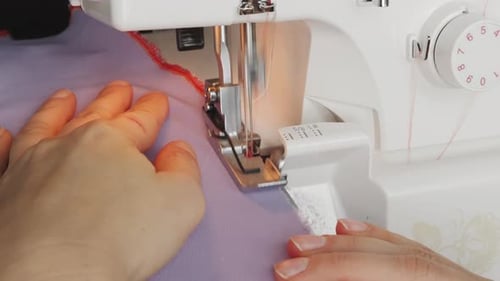 Sewing Machine Stitching Fabric Material Close Up