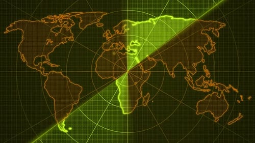 Carte du monde de couleur jaune marron à la recherche de radar Hud animé