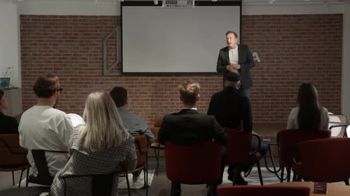Businessman company representative present to investors new strategy, business coach teaching