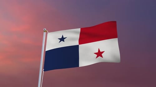 Waving Panama Flag Against a Gradient Sunset Sky