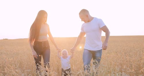 Happy Family Walking in Wheat Field at Sunset