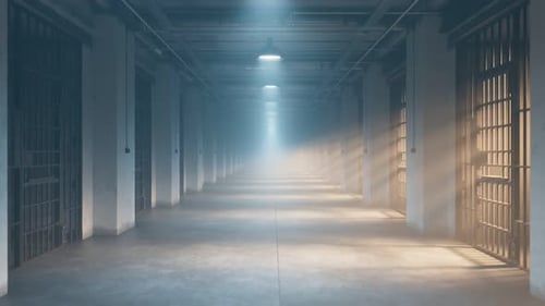 Loopable animation of jail corridor. Inspiring Lighting. Endless walk. Fog 4k HD