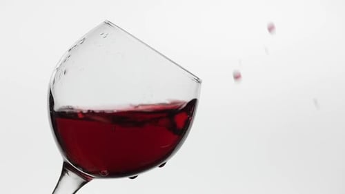 Close Up of a Drop Falling in Glass with Red Wine. Rose Wine on White Background