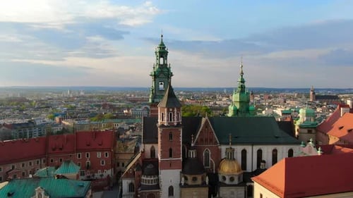 Aerial footage of Wawel Royal Castle in Cracow, Krakow, Poland, Polska