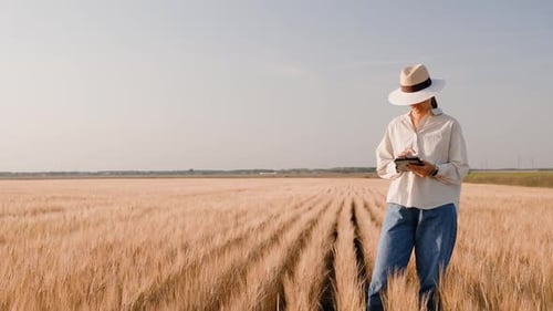 Farmer Woman with a Laptop Works in a Wheat Field Controls the Harvesting Process