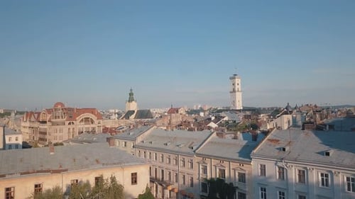 Aerial City Lviv, Ukraine. European City. Popular Areas of the City. Town Hall