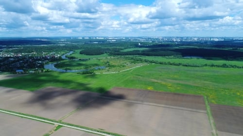 Aerial View of Rural Farmland and River Landscape