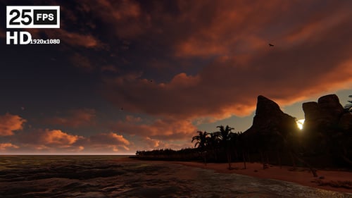 Tropical Beach Sunset with Ocean Waves and Palm Trees